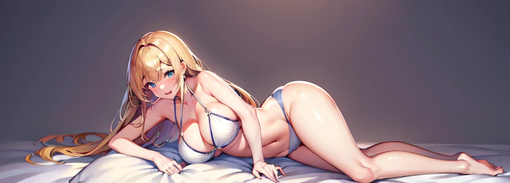 最high quality, high quality, 8K、High resolution,Highest quality、solo、Blonde hair and blue eyes、Plump、She is wearing a white bikini and lying face down on her bed.、Plumpな大人の女性、Looking at this、Open Mouth Smile、Very long legs、barefoot