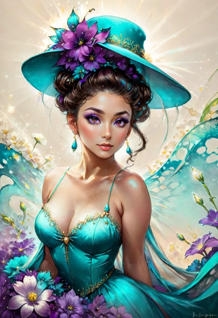 Filigree Unreal beauty of a woman in a turquoise-purple hat, flowers, thin veil, light background, feminine,delicate, large, lively brown eyes long, fluffy eyelashes,bright make-up,high bun of dark hair and curls,jewelry, general plan, aesthetically pleasing, beautiful, realistic, fractal waves,threads,bioluminescent colors.high resolution,soft lighting