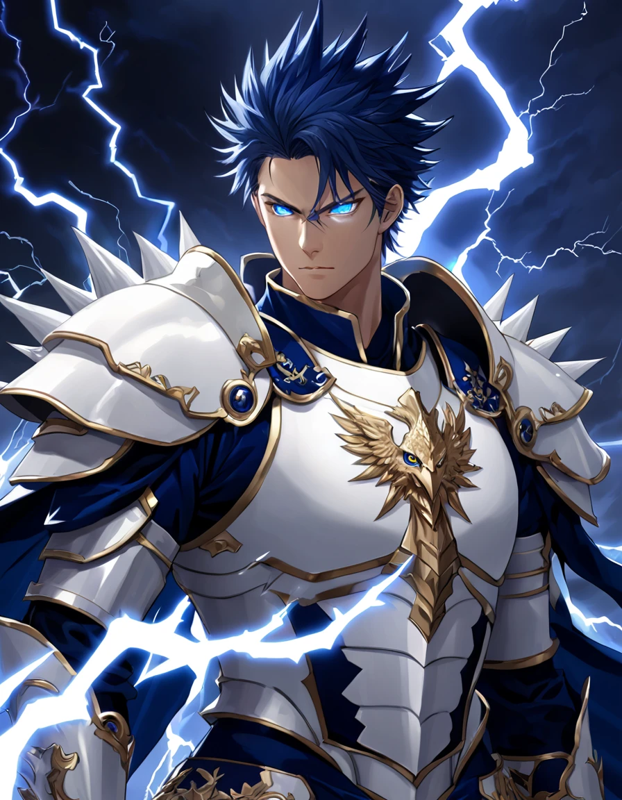 high-ranking male character in the nobility, slightly muscled, wears light and simple white armor with black and blue details, has deep blue eyes like an eagle, His hair is spiky dark blue and is medium length., appears to be a very strong and important warrior, lightning storm aura