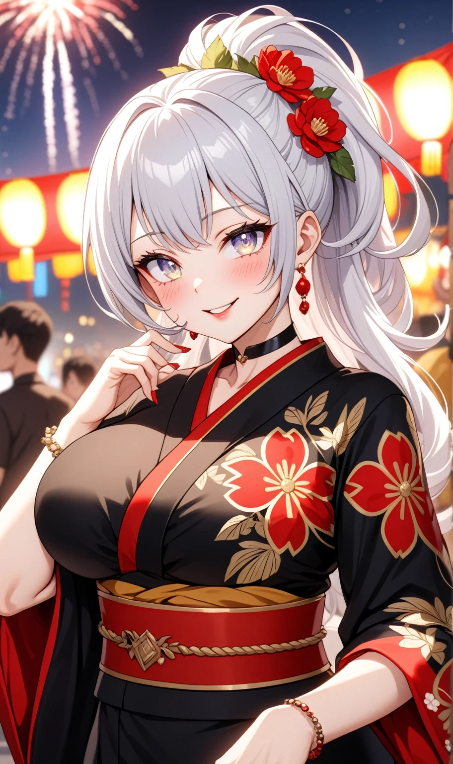 (One personの女性)), Beautiful Face, (Laughing embarrassedly), (face only), ((Wink:2.0)),  Laugh with your mouth wide open,((Bright red cheeks:1.4)),Shiny red lips, night,rooftop,Festivals, firework,Glossy red lips,Facial lighting,((Anime style background)),masterpiece, Highest quality, so beautiful,up to date, Complex details, (Pink long nails), (ring),(bracelet),(choker),AI-generated, Complex,High resolution, Highest quality, super high quality,3D Images、3D Images,One person,Long white hair in a high ponytail,(blue eyes),  ((Fine grain、Silvery white colorful eyes、Shining Eyes:1.4)), (Squint your eyes:1.1), 写真のポーズをとるAnime Women, a hyperRealistic , hyperRealistic , Realistic,Anime Women, Smooth anime CG art, A woman in a colorful kimono with gold embroidery, (Black long sleeve kimono), Red floral pattern,Long flower hair ornament,Earrings,Mature Body,(Big Breasts:1.1),Tall,Abdominal muscles,Narrow waist,(Zoom in on face:2.0),
