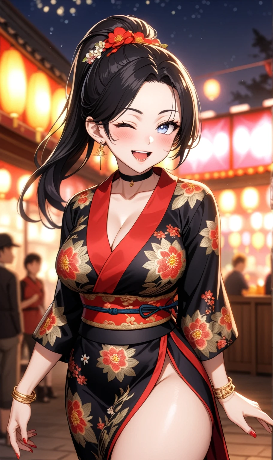 (One personの女性)), Beautiful Face, (Laughing embarrassedly), (face only), ((Wink:2.0)), Laugh with your mouth wide open,((Bright red cheeks:1.4)),Shiny red lips, night,rooftop,Festivals, firework,Glossy red lips,Facial lighting,((Anime style background)),masterpiece, Highest quality, so beautiful,up to date, Complex details, (Pink long nails), (ring),(bracelet),(choker),AI-generated, Complex,High resolution, Highest quality, super high quality,3D Images、3D Images,One person,Long white hair in a high ponytail,(blue eyes), ((Fine grain、Silvery white colorful eyes、Shining Eyes:1.4)), (Squint your eyes:1.1), 写真のポーズをとるAnime Women, a hyperRealistic , hyperRealistic , Realistic,Anime Women, Smooth anime CG art, A woman in a colorful kimono with gold embroidery, (Black long sleeve kimono), Red floral pattern,Long flower hair ornament,Earrings,Mature Body,(Big Breasts:1.1),Tall,Abdominal muscles,Narrow waist,(Zoom in on face:2.0),