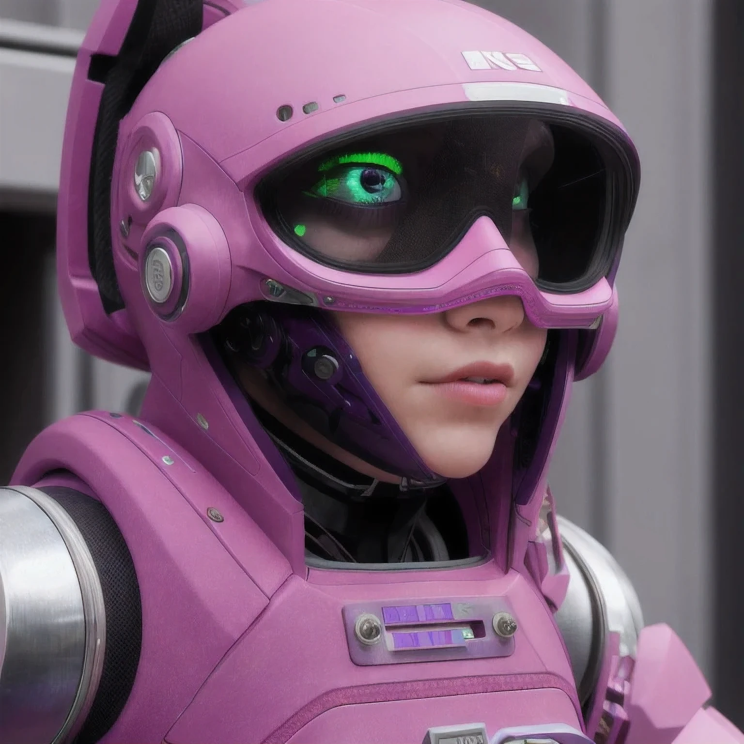 Photo of a college student, Purple Pink, Futuristic space suit, (freckle:0.8) Cute face, Science Fiction, Dystopia, Delicate eyes, Green pupils((side view))