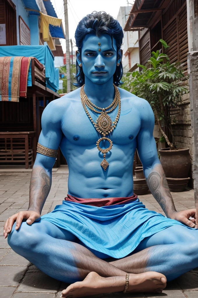 Lord Krishn blue skin clour waring trdisnal indian cloth seating in mubai city playing flut