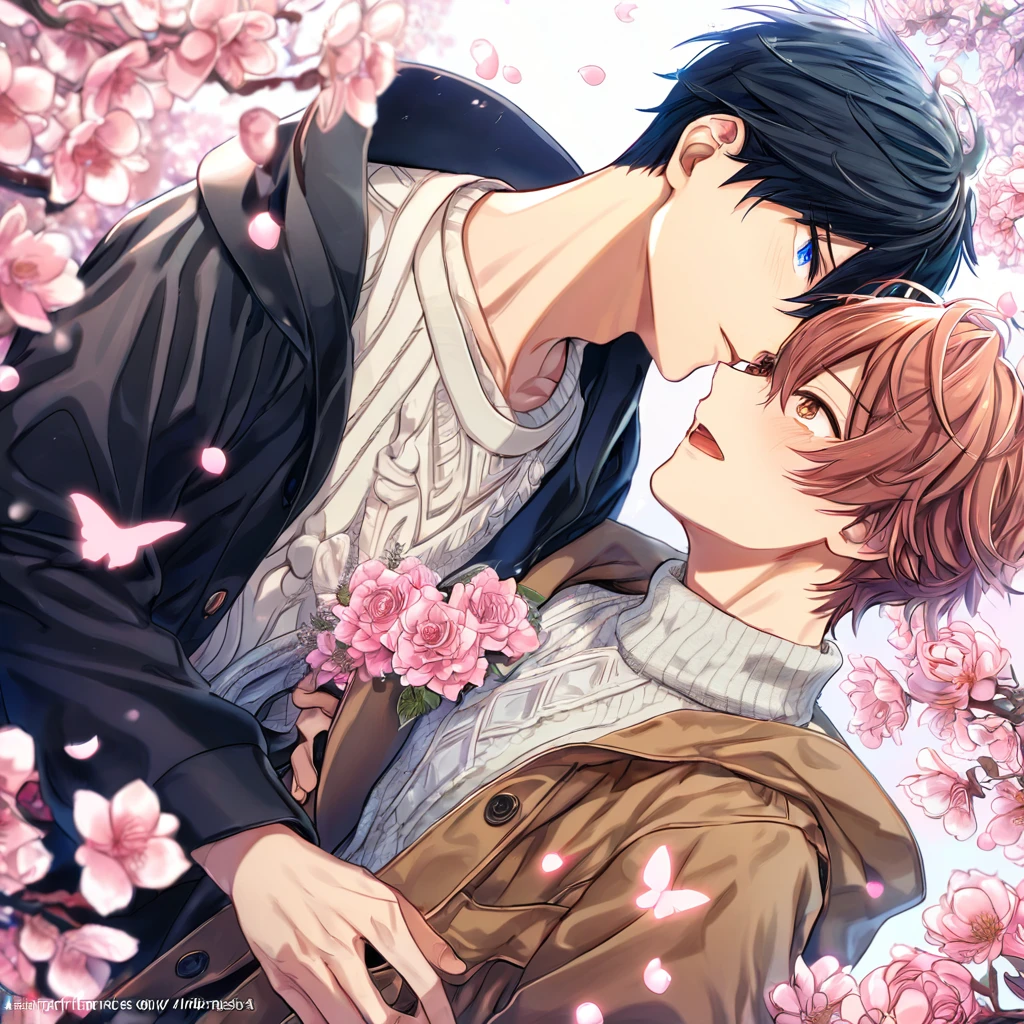absurdres, highres, ultra detailed, HDR, master piece, best quality, Uenoyama Ritsuka, black hair, expressive blue eyes, Given, Sato Mafuyu, pink-brown hair, expressive brown eyes, two sexy men together, yaoi, gay couple, handsome, brown coat, white sweater, black coat, fantasy, shining, pink flowers, pink blossoms, pink butterflies, pink petals