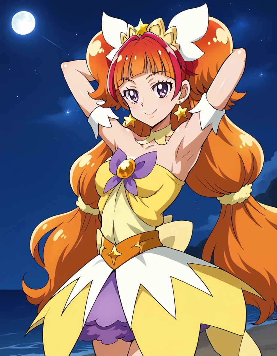 curetwinkle, shiny skin, high quality, solo, 1girl, night sky, beach, arms behind head, (contrapposto), closed mouth, spread armpits, cowboy shot, looking at viewer, smile, best quality,