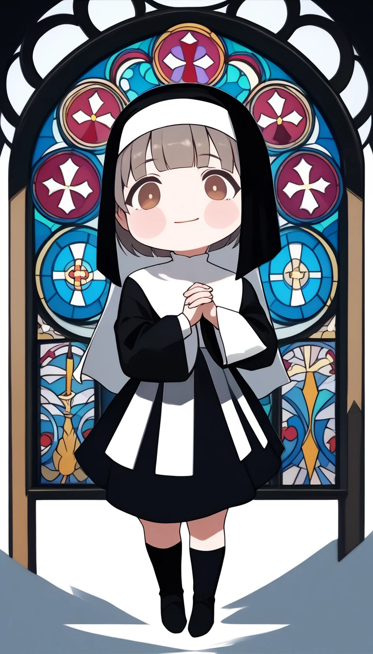score_9, score_8_up, score_7_up, score_6_up, score_5_up, score_4_up, source_anime, chibi, beautiful and cute nun, long face, wearing pure white habit, silver bob cut, blunt bangs, pink cheeks, droopy brown eyes, full body, background monastery with stained glass, rating_safe