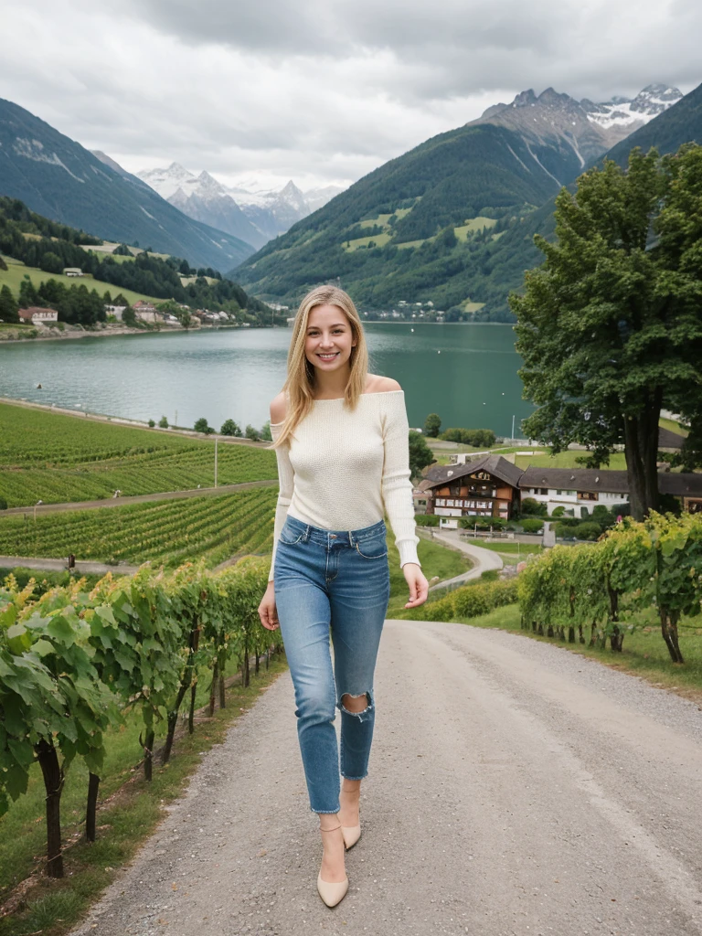 her name is Marie, 1girl, ((20-year-old fit Caucasian woman)), ((20 years old)), ((fit)), , ((pale skin tone)), ((medium length straight blonde hair)), wearing a cut-out shoulder knit sweater with patchwork denim jeans, smiling, pose: standing, background: Write about the serene beauty of Switzerland's Lake Geneva, surrounded by the majestic Alps and dotted with charming lakeside towns and vineyards