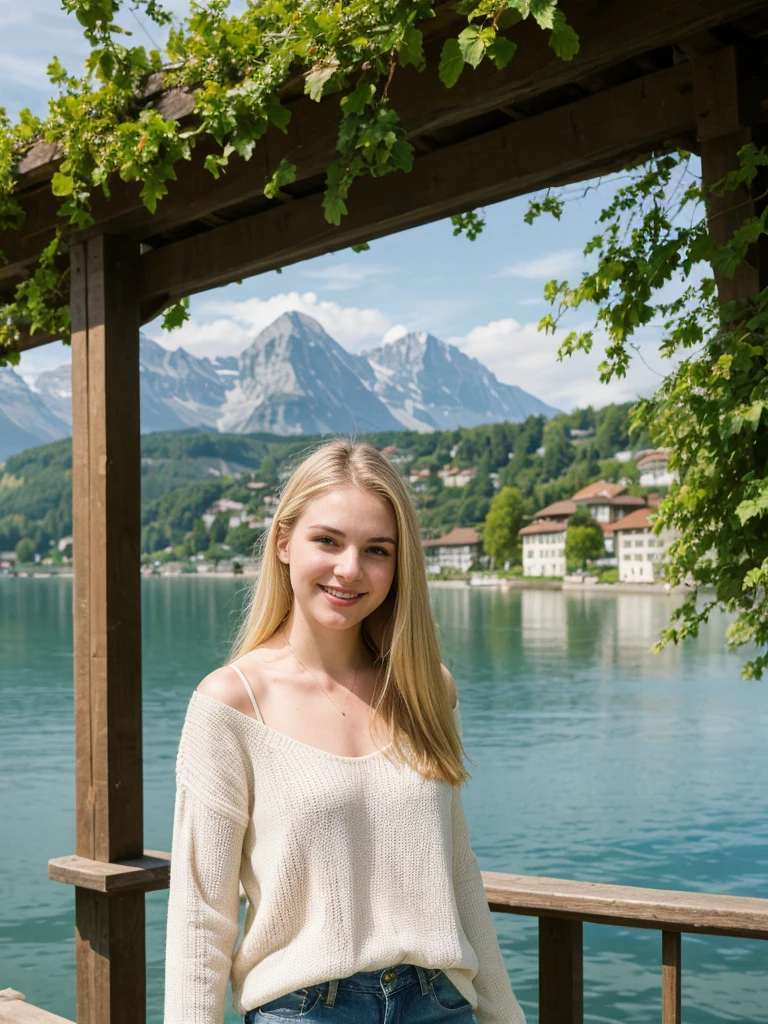 her name is Marie, 1girl, ((20-year-old fit Caucasian woman)), ((20 years old)), ((fit)), , ((pale skin tone)), ((medium length straight blonde hair)), wearing a cut-out shoulder knit sweater with patchwork denim jeans, smiling, pose: standing, background: Write about the serene beauty of Switzerland's Lake Geneva, surrounded by the majestic Alps and dotted with charming lakeside towns and vineyards