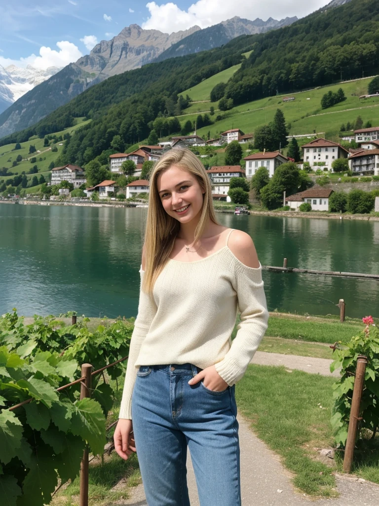 her name is Marie, 1girl, ((20-year-old fit Caucasian woman)), ((20 years old)), ((fit)), , ((pale skin tone)), ((medium length straight blonde hair)), wearing a cut-out shoulder knit sweater with patchwork denim jeans, smiling, pose: standing, background: Write about the serene beauty of Switzerland's Lake Geneva, surrounded by the majestic Alps and dotted with charming lakeside towns and vineyards