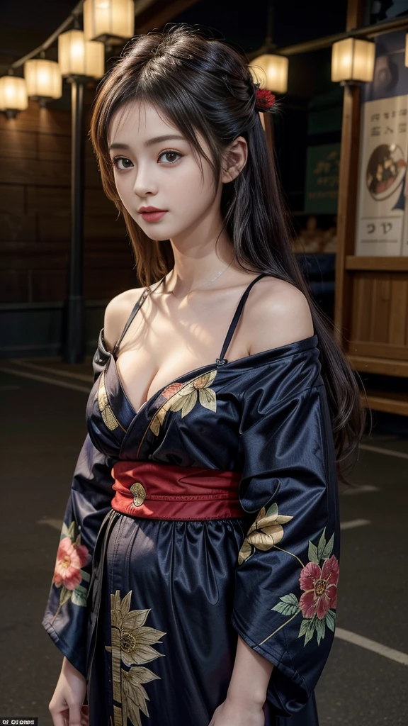 (Bust Top), Beautiful Face, 85mm, Absurd, (Black kimono, Elegant kimono, White innerwear, Shrine maiden:1.4), ((Based on the anime Demon Slayer: Kimetsu no Yaiba:1.3, Show your whole body, Side angle)), ((Show your shoulders:1.1, Beautiful breasts, Fascinating Cleavage:1.2)), To the camera, Viola Lace, Gardenia, Delicate girl, ( beautiful girl:1.3, Idol Face, Baby Face:1e, night, View the viewer, Film Grain, chromatic aberration, Sharp focus, Face Light, Professional Lighting, Sophisticated, (smile:0.8), (Simple Background, Background blur:1.2), ((Detailed eyes and face, Professional photography techniques, Cinema Lighting)), (Highest quality, 8K, masterpiece:1.2, RAW Photos)