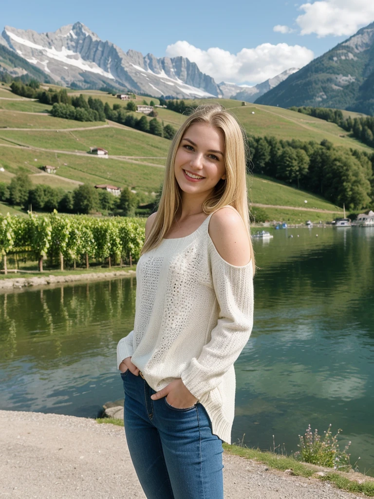 her name is Marie, 1girl, ((20-year-old fit Caucasian woman)), ((20 years old)), ((fit)), , ((pale skin tone)), ((medium length straight blonde hair)), wearing a cut-out shoulder knit sweater with patchwork denim jeans, smiling, pose: standing, background: Write about the serene beauty of Switzerland's Lake Geneva, surrounded by the majestic Alps and dotted with charming lakeside towns and vineyards