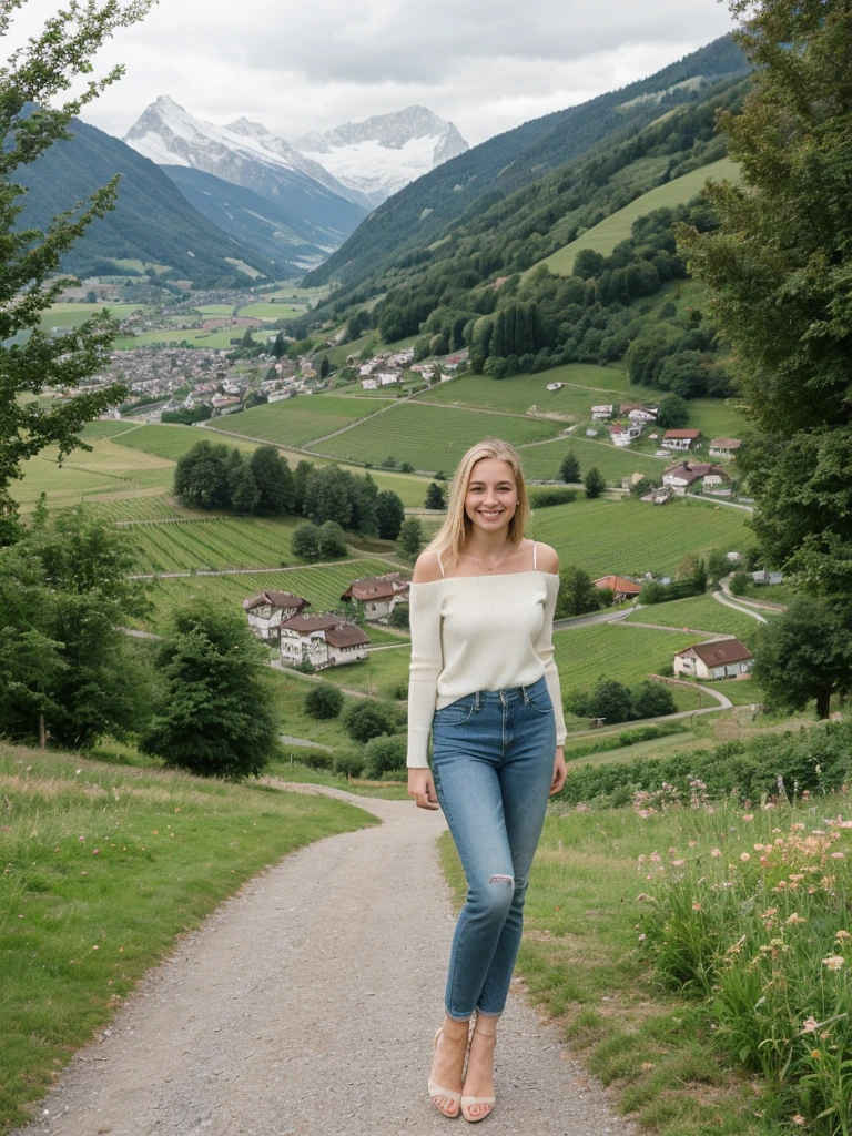 her name is Marie, 1girl, ((20-year-old fit Caucasian woman)), ((20 years old)), ((fit)), , ((pale skin tone)), ((medium length straight blonde hair)), wearing a cut-out shoulder knit sweater with patchwork denim jeans, smiling, pose: standing, background: Write about the serene beauty of Switzerland's Lake Geneva, surrounded by the majestic Alps and dotted with charming lakeside towns and vineyards