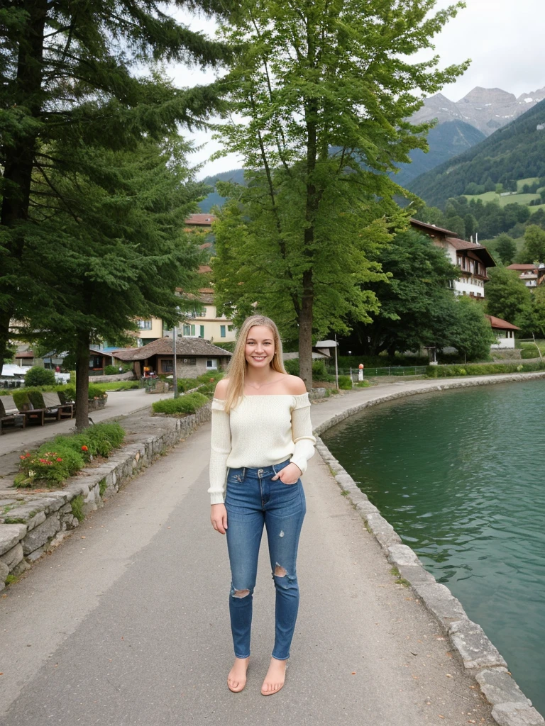 her name is Marie, 1girl, ((20-year-old fit Caucasian woman)), ((20 years old)), ((fit)), , ((pale skin tone)), ((medium length straight blonde hair)), wearing a cut-out shoulder knit sweater with patchwork denim jeans, smiling, pose: standing, background: Write about the serene beauty of Switzerland's Lake Geneva, surrounded by the majestic Alps and dotted with charming lakeside towns and vineyards