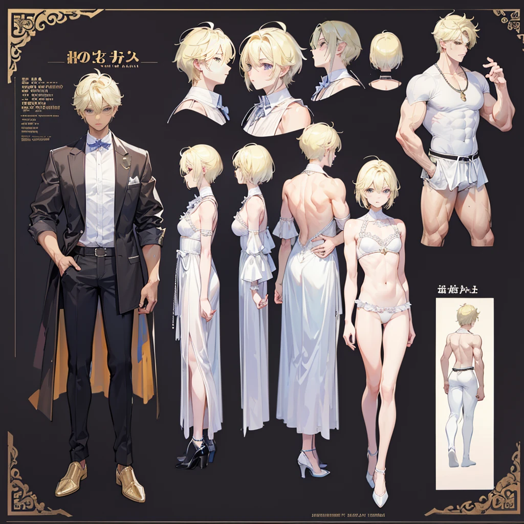 (Masterpiece, best quality), detailed, 1 man, ((character concept art)), ((character design sheet, same character, front, side, back)), full body, body complete, 1 Male angel, 1 Man angel, Detailed face, character design sheet,full bodyesbian, Highly detailed, character sheet, character design, Many parts, dark skin, angel wings, short blonde hair, angel outfit, muscle male god, male clothes, masculine, muscle man, male muscle, manly, male angel, Muscle male with short blonde hair,beautiful man, beatiful boy