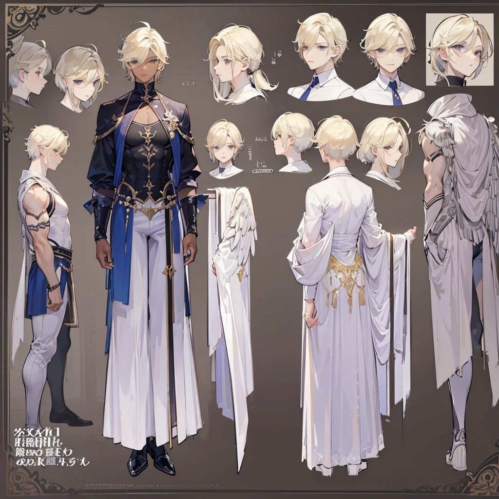 (Masterpiece, best quality), detailed, 1 man, ((character concept art)), ((character design sheet, same character, front, side, back)), full body, body complete, 1 Male angel, 1 Man angel, Detailed face, character design sheet，full bodyesbian, Highly detailed, character sheet, character design, Many parts, dark skin, angel wings, short blonde hair, angel outfit, muscle male god, male clothes, masculine, muscle man, male muscle, manly, male angel, Muscle male with short blonde hair，beautiful man, beatiful boy