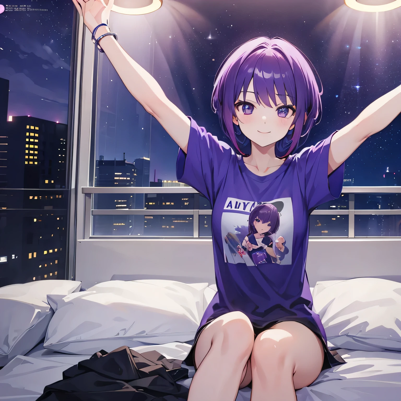 (T Masterpiece,4k wallpaper,Best Quality))、((girl1people))、(solo)、Bright and Brilliant,(Purple Hair)、(short hair:1.3)、smile、Bedroom、T-Shirts、night