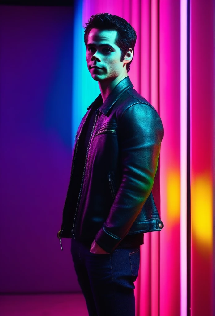 4k 8k uhd full color (raw photo:1.1), dramatic (dark:1.2), Focus on the face, Dylan O'brien wearing a black leather jacket (cypnk:1.2), alone  (purple pink blue green yellow neon synthwave colors:1.1) FFbF_neon UTIL_jah_SideLightRimLight