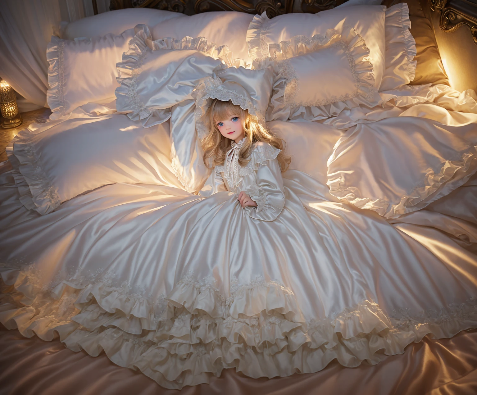 highest quality, masterpiece, Highest Resolution, artwork, super Get used to it, many become close, become close, Get used to it,change,,girl, (((()))),European,blonde,blue eyes,Nightwear,((((White nightgown)))),((フリルとリボンの付いたWhite nightgown)),((1920s style nightgown)),((Frill and ribbon nightcap)),victorian nightgown,Yoke collar with ruffles and bow,Ruffled long sleeves,Long skirt up to the ankles,((The whole body is reflected)),(Inside the palace),(in the bedroom at night),(Luxurious rococo canopy bed),Before bedtime,White frilly socks,A deep background。