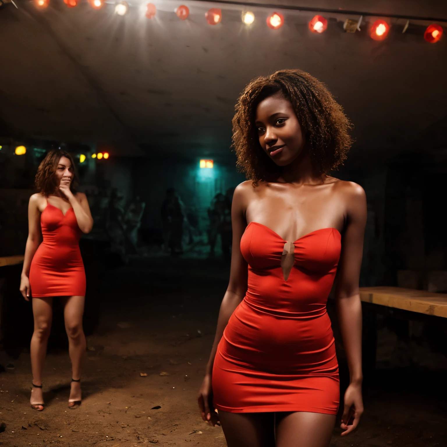 19-year-old woman LaGermania, dark skin, short curly hair down to her shoulders, dressed in a red minidress, clubbing outfit, apocalyptic wasteland, daytime, good lighting, desert, rusted hulks