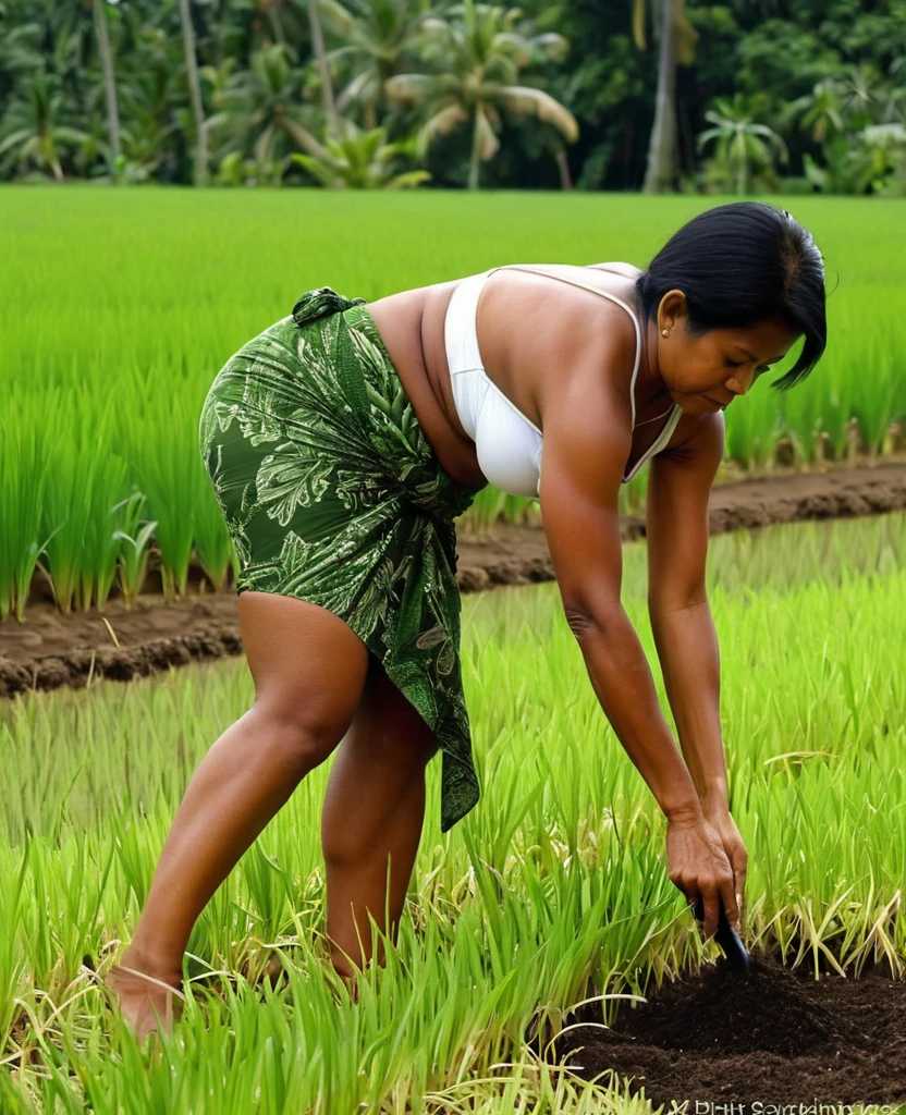 Nude, naked, vagina, nipples, An Indonesian Java Island village 50 yo beautiful seductive woman is diligently planting rice plants in the soil, bending over at a 90-degree angle at the waist with her back straight. She is wearing Java batik sarong wrapped knotted at hip and white tank-top. She is full figured curvaceous voluptuous big breasts toned abs.