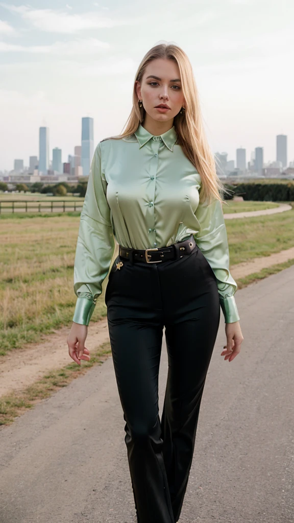 beautiful photograph of a smart looking 1girl, solo, wearing a royal green, satin collared shirt very detailed fine silk fabric emphasis, perfectly defined button detailing, black pants with a belt, diamond stud earrings, long sleek blonde hair, brown eyes, freckles, serious expression, slender figure, standing against a country skyline at midday, cowboy shot, full body shot, photographed on a Fujifilm XT3, 80mm F/1.7 prime lens, cinematic film still, cinestill 500T, highly detailed, masterpiece, highest quality, intricately detailed, HDR, 8k, uhd, photorealistic, gigantic droopy tits