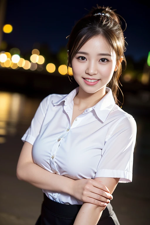 (a gorgeous lady, age 22, Formal Office Lady, white shirt and mini-skirt, natural pose under night sky, Tokyo Disneyland, dimpled smile, short ponytail, cute snaggletooth, ample round bosom, photorealistic, beautiful detailed eyes, beautiful detailed face, hyper-realism, high contrast, ultra HD, realistic skin textures, top image quality, top-quality, super high resolution, fine details, very meticulously, the Cowboy shot, bokeh background)