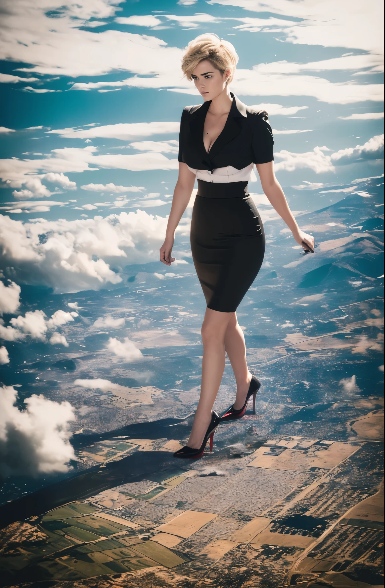 Zoey Deutch, (masterpiece, best quality, best shadows, best shading, perfect hands, perfect face, cinematic lighting, colorful, ultra-detailed, beautiful photography, character focus, extremely-detailed, photorealistic, hyper photorealism, atmospheric), (rural destruction:1.2), (giantess, stereotypical office worker), (dirty, filthy, unwashed, sweaty, unkempt, angry, tired, exhausted, annoyed), (walking, mid stride, stepping down on, stomping, crush, rampage), (black patent Louboutin pointed toe pumps, high heels, stiletto heels), ((revealing crisp white blouse, short black pencil skirt)), (short blonde pixie hair), (high altitude photography, satellite view), (exposed cleavage, heaving bosom, legs), (urban sprawl, farmland and small towns, destruction, buildings, roads), (cloudy, overcast, clouds and atmosphere partly obscuring the subject, hazy atmosphere, haze in foreground, wispy clouds)