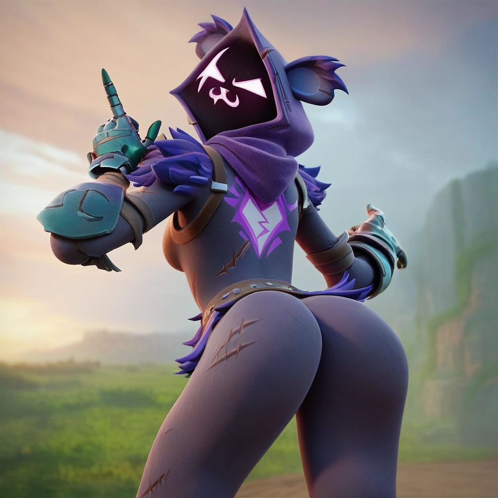 Raven team leader,purple hoodie, with no face, shadowed face, animal ears,purple skin, scar on eye, body skin, purple fur, waist belt, torso symbol, metal gloves, pointing your ass at the viewer, leaning forward, pushing, she closes her eyes, hands resting on top of a small wall, farting hard, would be green, green smoke in her ass, scenery with green smoke, she farting, she is passing gas, farts, gases. her with her eyes closed, hands are not in the air, expression of force, stomachache, stomach growling. day Of course