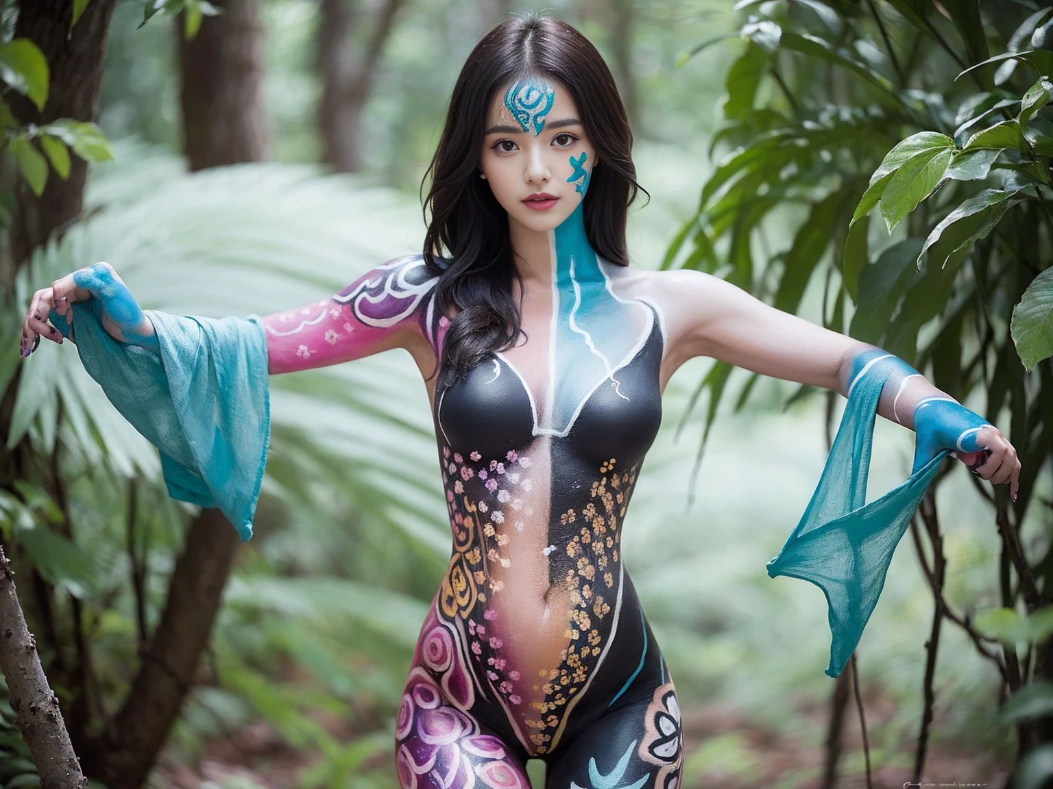 (nature-inspired body paint:1.5), (female model with wide hips and muscular legs), (floral and fauna designs), (natural and serene poses), (studio setting), (soft and dramatic lighting), (detailed textures), (organic and beautiful), (high quality, vivid colors)