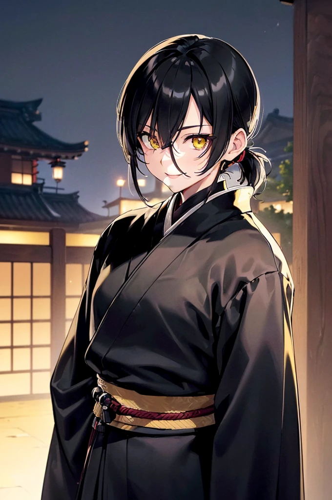 (masterpiece; best quality: 1.2), (finely detailed eyes: 1.3), ((1 male)), ((solo)), (yellow eyes: 1.4), (masculine; lean: 1.3), (short black hair in low ponytail: 1.3), (beautiful and clear background: 1.2), ((depth of field)), (clothes: all-black ronin hakama + all-black ronin kimono: 1.3), (anime illustration: 1.2), (background; old japanese mansion exterior+ night: 1.1), (extremely fine and handsome: 1.1), (shot composition; standing + close-up: 1.5), (expression; calm, smile: 1.2)