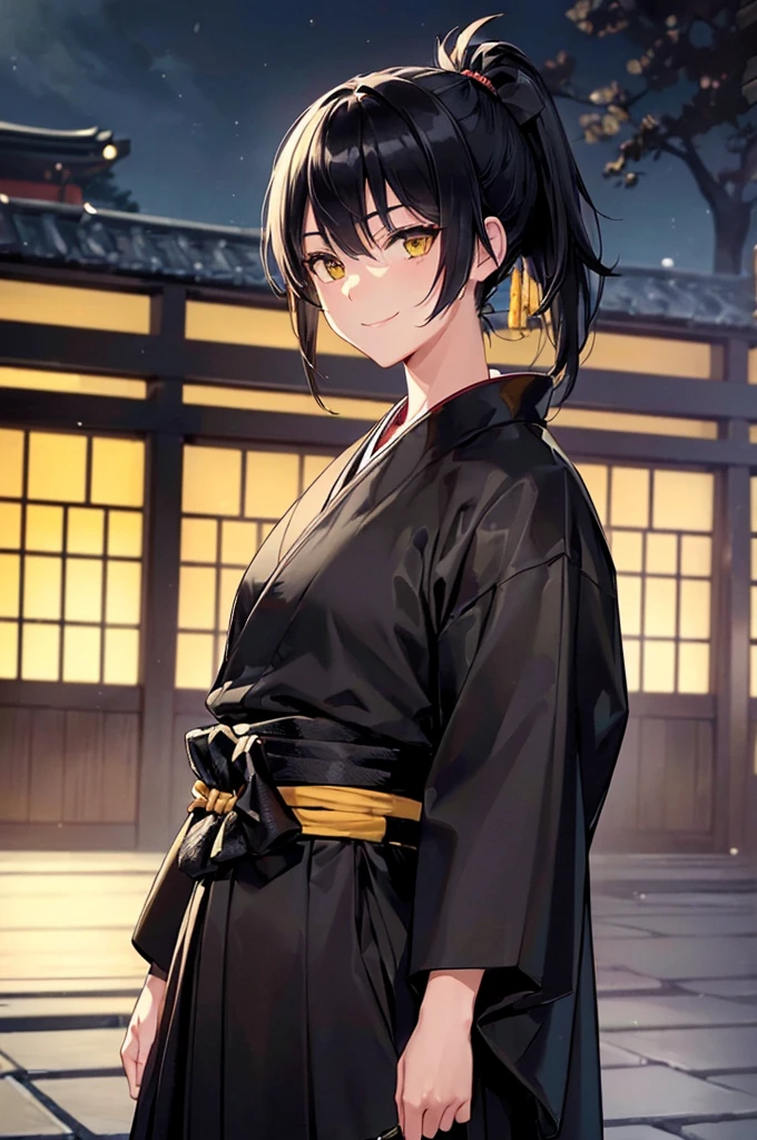 (masterpiece; best quality: 1.2), (finely detailed eyes: 1.3), ((1 male)), ((solo)), (yellow eyes: 1.4), (masculine; lean: 1.3), (short black hair in low ponytail: 1.3), (beautiful and clear background: 1.2), ((depth of field)), (clothes: all-black ronin hakama + all-black ronin kimono: 1.3), (anime illustration: 1.2), (background; old japanese mansion exterior+ night: 1.1), (extremely fine and handsome: 1.1), (shot composition; standing + close-up: 1.5), (expression; calm, smile: 1.2)