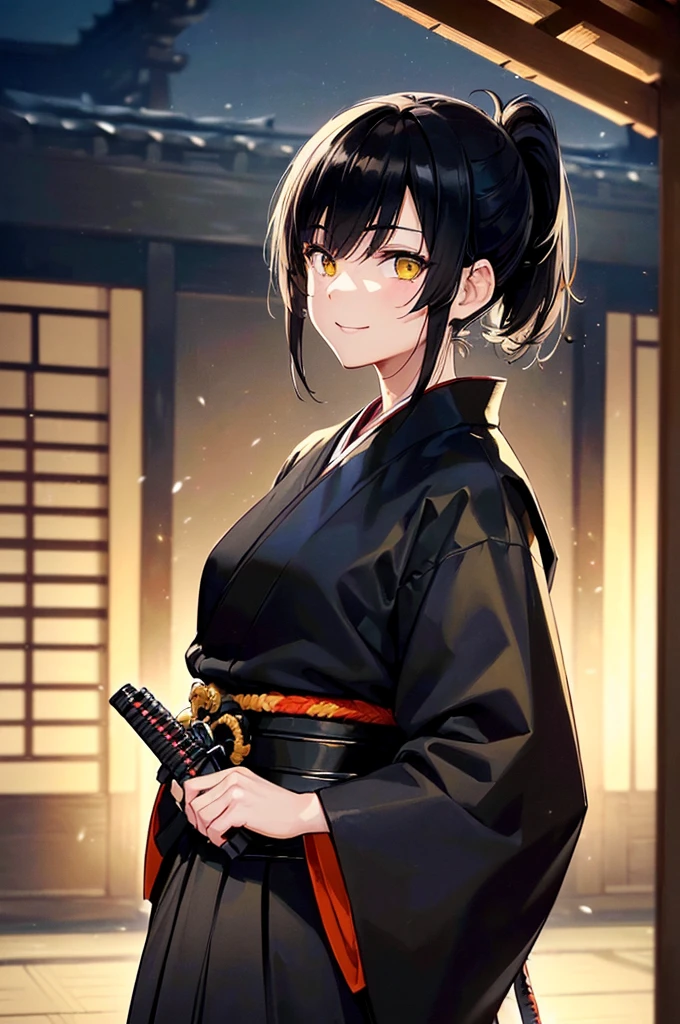 (masterpiece; best quality: 1.2), (finely detailed eyes: 1.3), ((1 male)), ((solo)), (yellow eyes: 1.4), (masculine; lean: 1.3), (short black hair in low ponytail: 1.3), (beautiful and clear background: 1.2), ((depth of field)), (clothes: all-black ronin hakama + all-black ronin kimono: 1.3), (anime illustration: 1.2), (background; old japanese mansion exterior+ night: 1.1), (extremely fine and handsome: 1.1), (shot composition; standing + close-up: 1.5), (expression; calm, smile: 1.2)