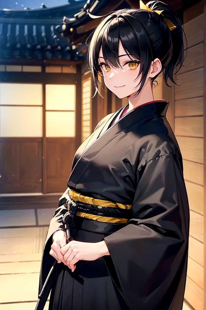 (masterpiece; best quality: 1.2), (finely detailed eyes: 1.3), ((1 male)), ((solo)), (yellow eyes: 1.4), (masculine; lean: 1.3), (short black hair in low ponytail: 1.3), (beautiful and clear background: 1.2), ((depth of field)), (clothes: all-black ronin hakama + all-black ronin kimono: 1.3), (anime illustration: 1.2), (background; old japanese mansion exterior+ night: 1.1), (extremely fine and handsome: 1.1), (shot composition; standing + close-up: 1.5), (expression; calm, smile: 1.2)