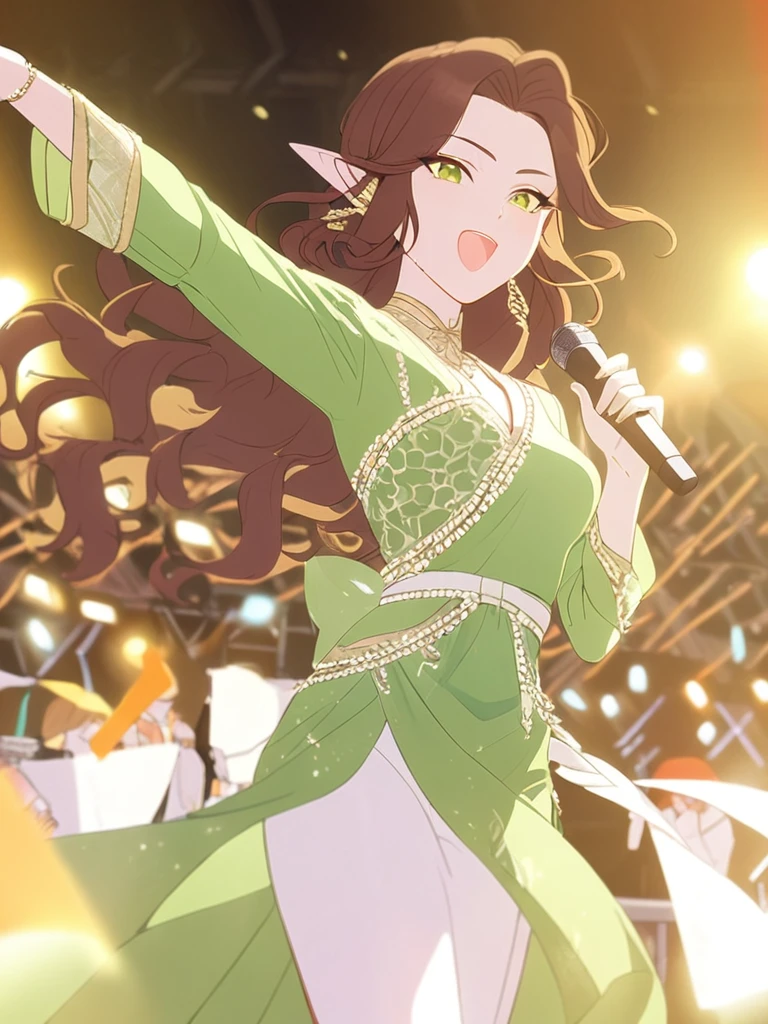 1femboy, beautiful, elven, brown hair, long curly hairstyle, glowing green eyes, concert, singer, elegant, traditional thai costume,