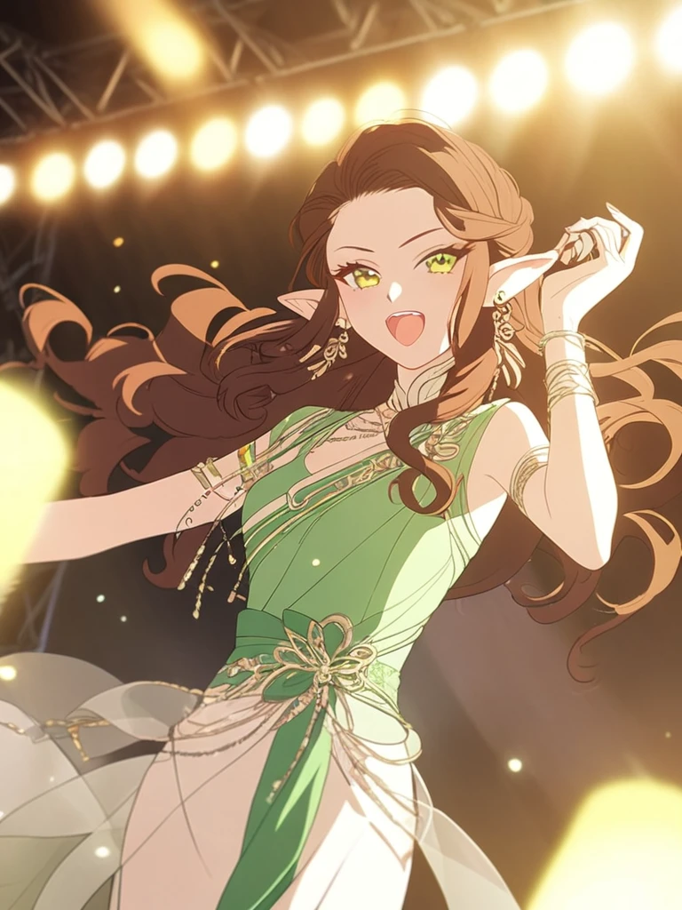 1femboy, beautiful, elven, brown hair, long curly hairstyle, glowing green eyes, concert, singer, elegant, traditional thai costume,