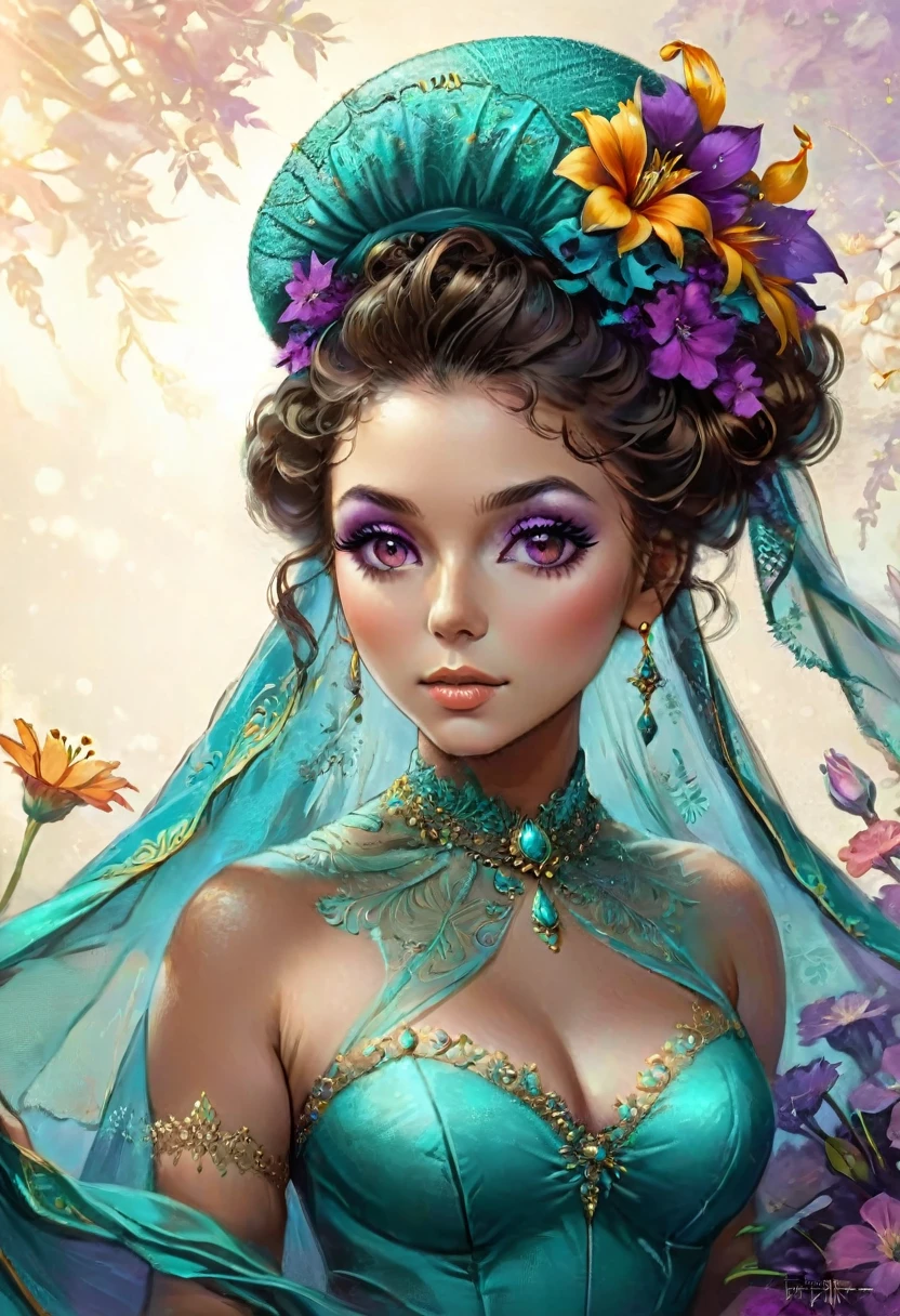 Filigree Unreal beauty of a woman in a turquoise-purple hat, flowers, thin veil, light background, feminine,delicate, large, lively brown eyes long, fluffy eyelashes,bright make-up,high bun of dark hair and curls,jewelry, general plan, aesthetically pleasing, beautiful, realistic, fractal waves,threads,bioluminescent colors.high resolution,soft lighting