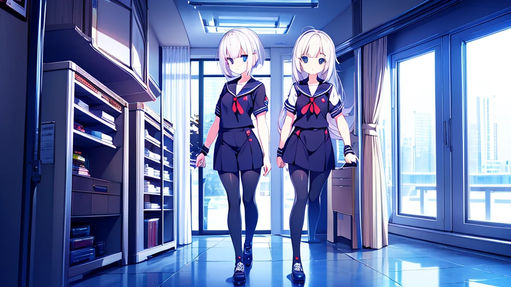 1 beautiful girl, great image quality with lots of detail, ray tracing, in a navy sailor , long stockings, blue eyes, white hair, , in a neon room, PC gaming, perfect anatomy, full body.