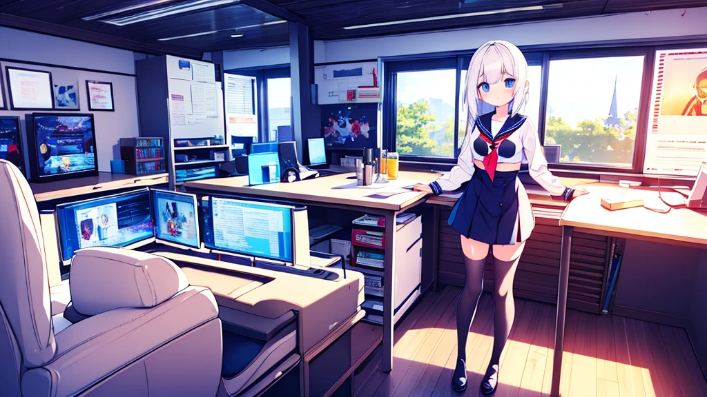 1 beautiful girl, great image quality with lots of detail, ray tracing, in a navy sailor , long stockings, blue eyes, white hair, , in a neon room, PC gaming, perfect anatomy, full body.