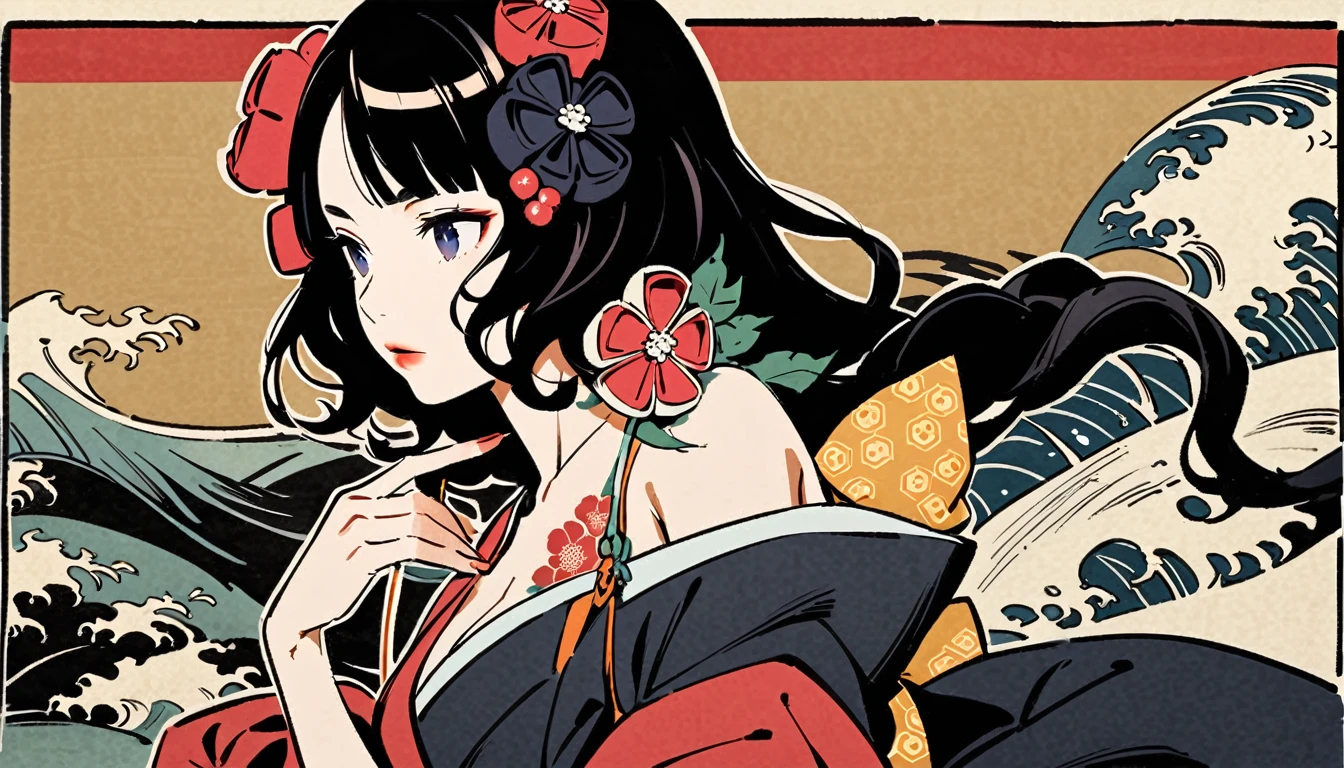 Katsushika Hokusai, Ink Painting, peony, flower tattoo on shoulder, Girl, Black Hair, Long Hair, Delicate and precise, Dairy Cow, Modern ukiyo-e style,