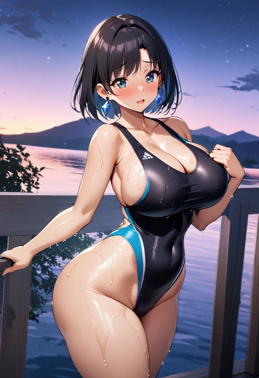 1 girl, aldult, Lake view, night, short hair,Deep V neckline,Large V-neck competitive swimsuit,large crystal earrings,被Big Ass撑起来的竞技泳衣,Huge boobs,Showing breasts,Showing breasts,Relatively tall,Slim waist,Big Ass,Wet