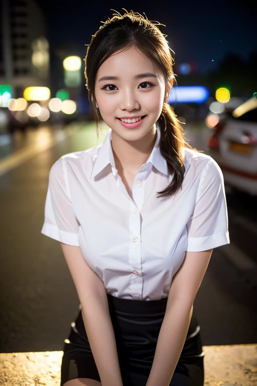 (a gorgeous lady, age 22, Formal Office Lady, white shirt and mini-skirt, natural pose under night sky, Shibuya crossing, dimpled smile, short ponytail, cute snaggletooth, ample round bosom, photorealistic, beautiful detailed eyes, beautiful detailed face, hyper-realism, high contrast, ultra HD, realistic skin textures, top image quality, top-quality, super high resolution, fine details, very meticulously, the Cowboy shot, bokeh background)