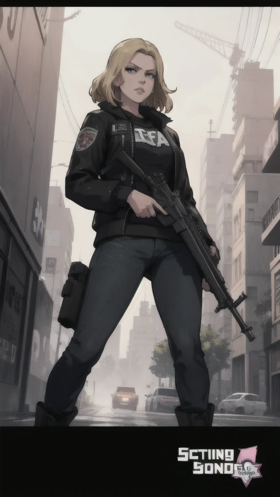 GTAV Loading Screen 2D Graphics, wide angle, whole body, blonde girl standing , holding a machine gun and shooting, GTA5 character, cinematographic composition, in front of a city, shadow, bright cinematic lighting, soft contrast, GTA5 loading screen, gta art, 4K Wallpaper, 4K Wallpaper, high quality 4k wallpaper, gta loading screen graphics, arte the fan, art of rockstar games