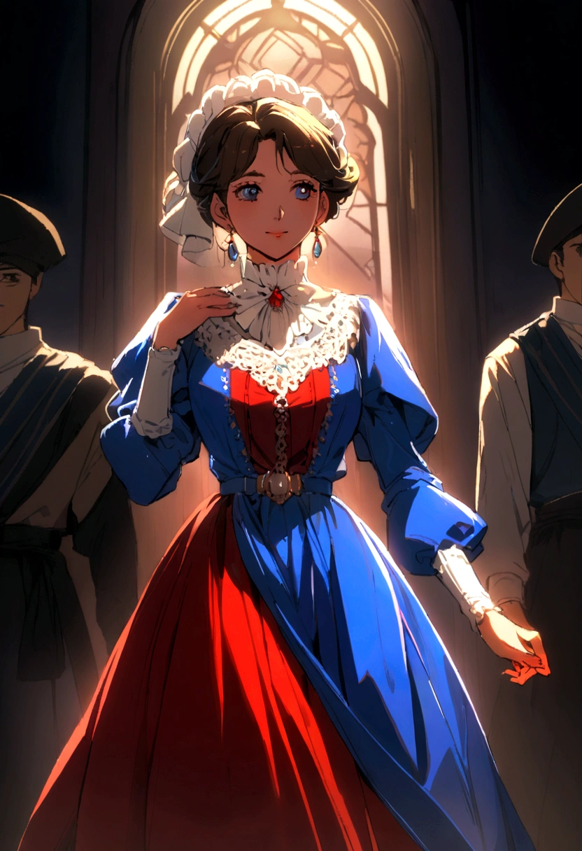 1980s peasant woman wearing elegant red white blue colored dress