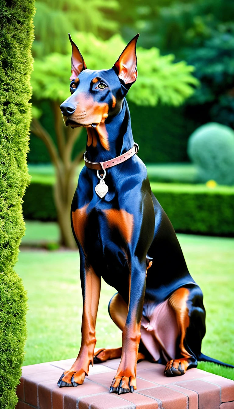 There is no one, realistic photo, photo realism, realism, doberman pinscher (Doberman Pinscher), perfect composition, intricate details, Very sharp, masterpiece, profile, high resolution, looking at the viewer, Full body photo in garden background
