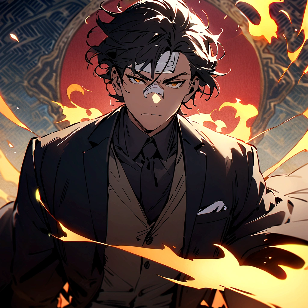 (best quality), oriental detailed background, one man wearing a black suit has flame power, he has bandage on the nose