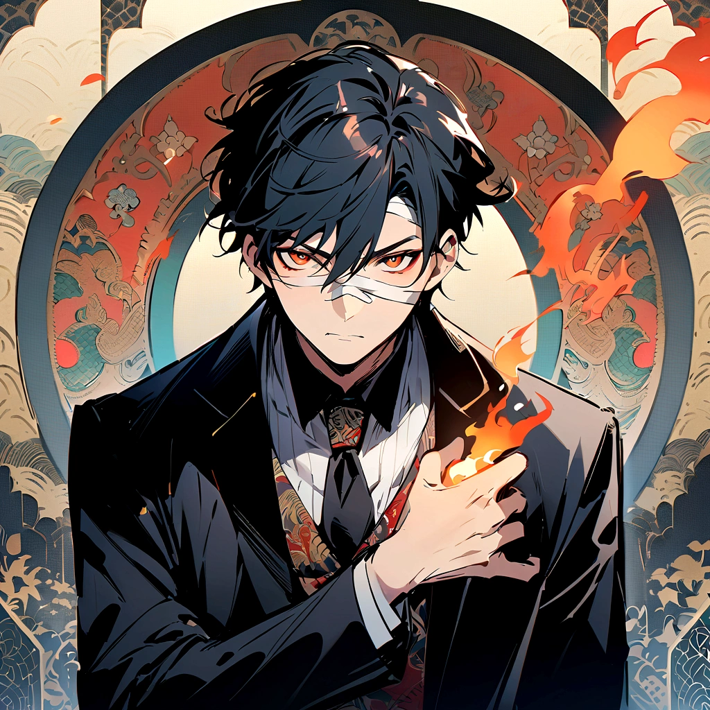 (best quality), oriental detailed background, one man wearing a black suit has flame power, he has bandage on the nose