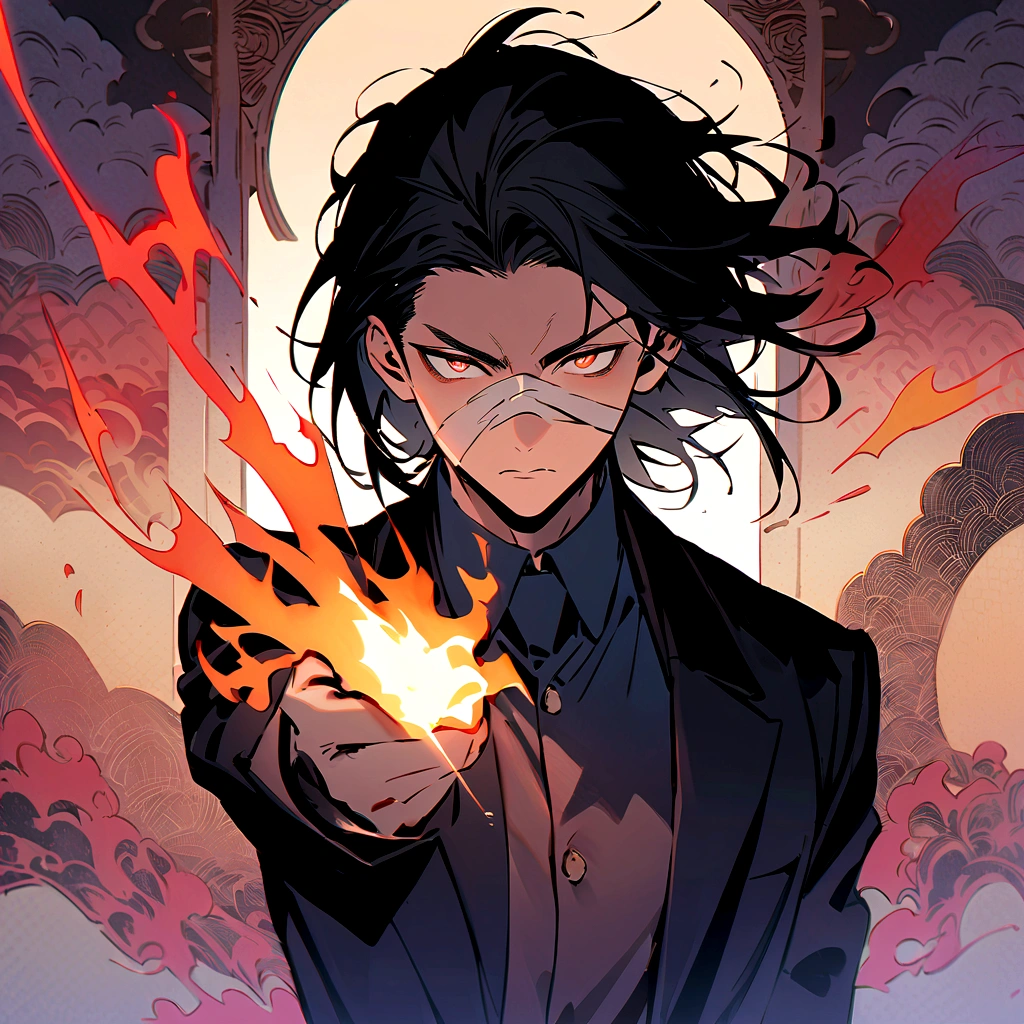 (best quality), oriental detailed background, one man wearing a black suit has flame power, he has bandage on the nose