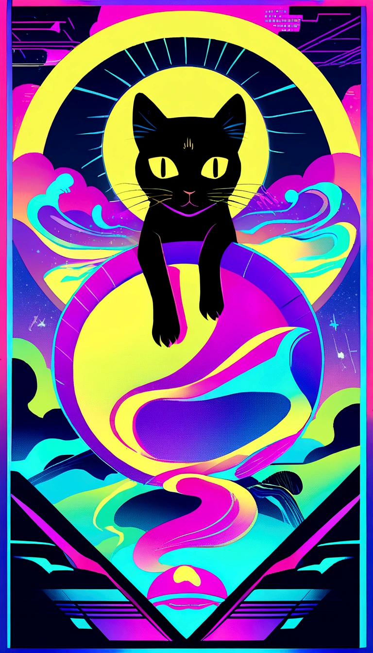 There is a black cat sitting in a circle with quotes, Poster inspired by Gustave Boulanger, shutterstock, sots art, suggestive, The aesthetics of Surrealism, ( ( ( Synth Wave ) ) ), 8 0 Seconds Style Poster, aesthetic siamese cat, surrealistic, Cat silhouette, 1 9 8 0 s Poster Style, synthwave art style ]!!