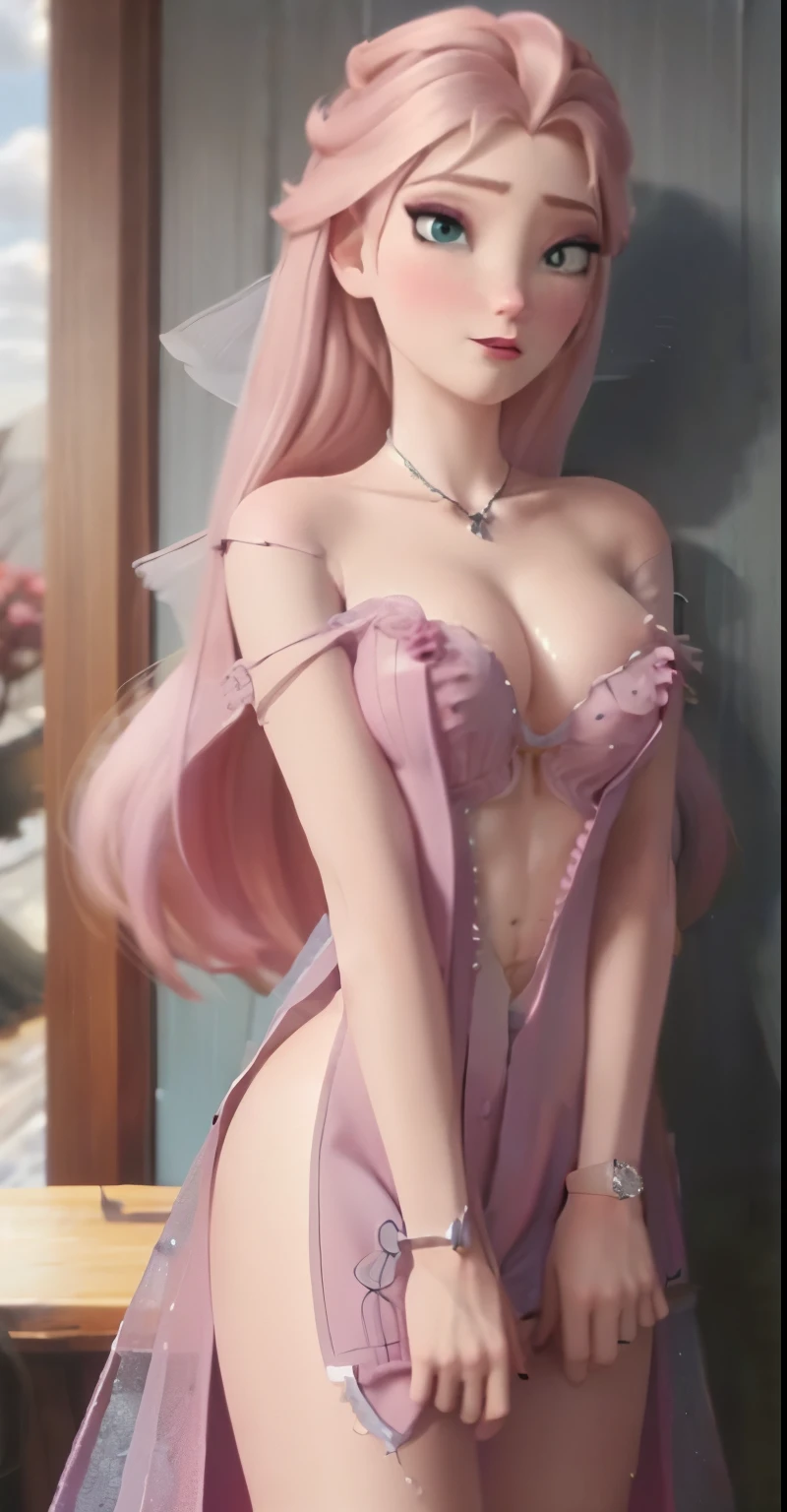 Elsa,chubby face,invent,face detail,blush,purple eye shadow, rose in hair,arise from,simple background, looking to the side,half shirt, White dress, No blouse, without bra, visible chest peak, (big tits) (big breasted) (fully exposed chest) ( naked and visible nipple) (big tits) (big breasted) (fully exposed chest) ( naked and visible nipple) big tits) (big breasted) (fully exposed chest) ( naked and visible nipple