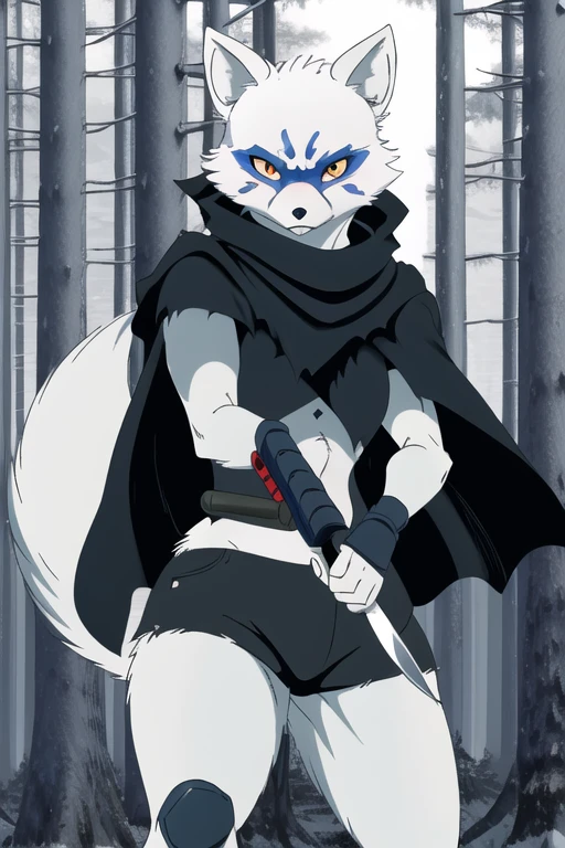 Alopex, arctic fox, furry, blue marks face, tmnt,angry look, orange eyes, girl1, solo, park, forest, cape, black shirt, black shorts, best quality, masterpiece, ninja sickles blade, holding a sickles blade